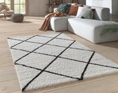 Flycarpets Candy Diamond Vloerkleed - 200x290cm - Crème/Zwart Geruit - Hoogpolig