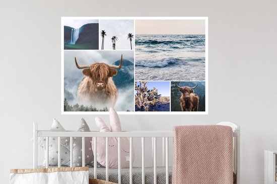 Muurstickers - Sticker Folie - Schotse Hooglander - Collage - Waterval - Palmboom - 90x60 cm - Plakfolie - Muurstickers Kinderkamer - Zelfklevend Behang - Zelfklevend behangpapier - Stickerfolie