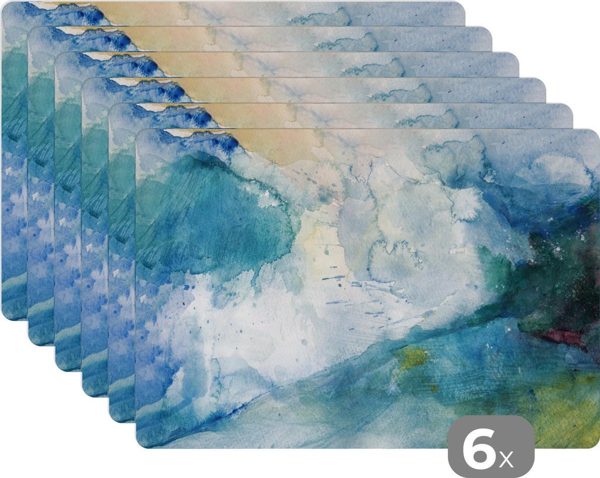 Placemat - Placemats kunststof - Zee - Storm - Waterverf - 45x30 cm - 6 stuks - Hittebestendig - Anti-Slip - Onderlegger - Afneembaar