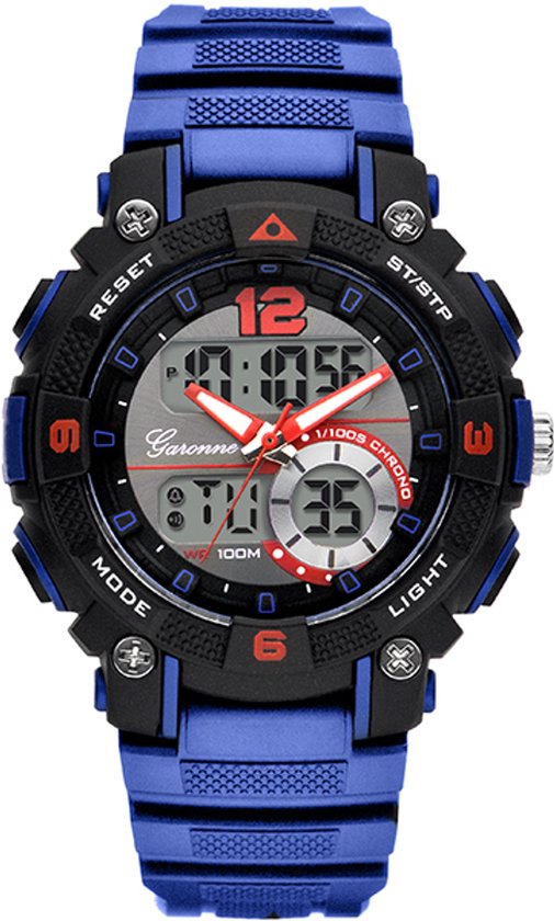 Garonne kinder analoog-digitale sport horloge met blauwe band, zwart met rode details. De wijzerplaat toont de tijd digitaal en analoog.