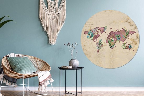 WallCircle - Stickers muraux - Cercle Papier Peint - Wereldkaart - Violet - Vintage - 140x140 cm - Cercle Mural - Auto Adhésif - Autocollant Rond Papier Peint