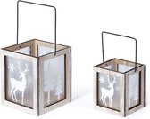 Set van 2x stuks kerst lantaarns/windlichten met rendieren print 8,5 en 11 cm - Kerstdecoratie/kerstversiering