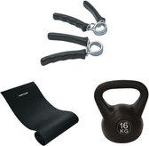 Tunturi - Fitness Set - Kettlebell 16 kg - Fitnessmat 160 x 60 x 0,7 cm - Knijphalters 2 stuks