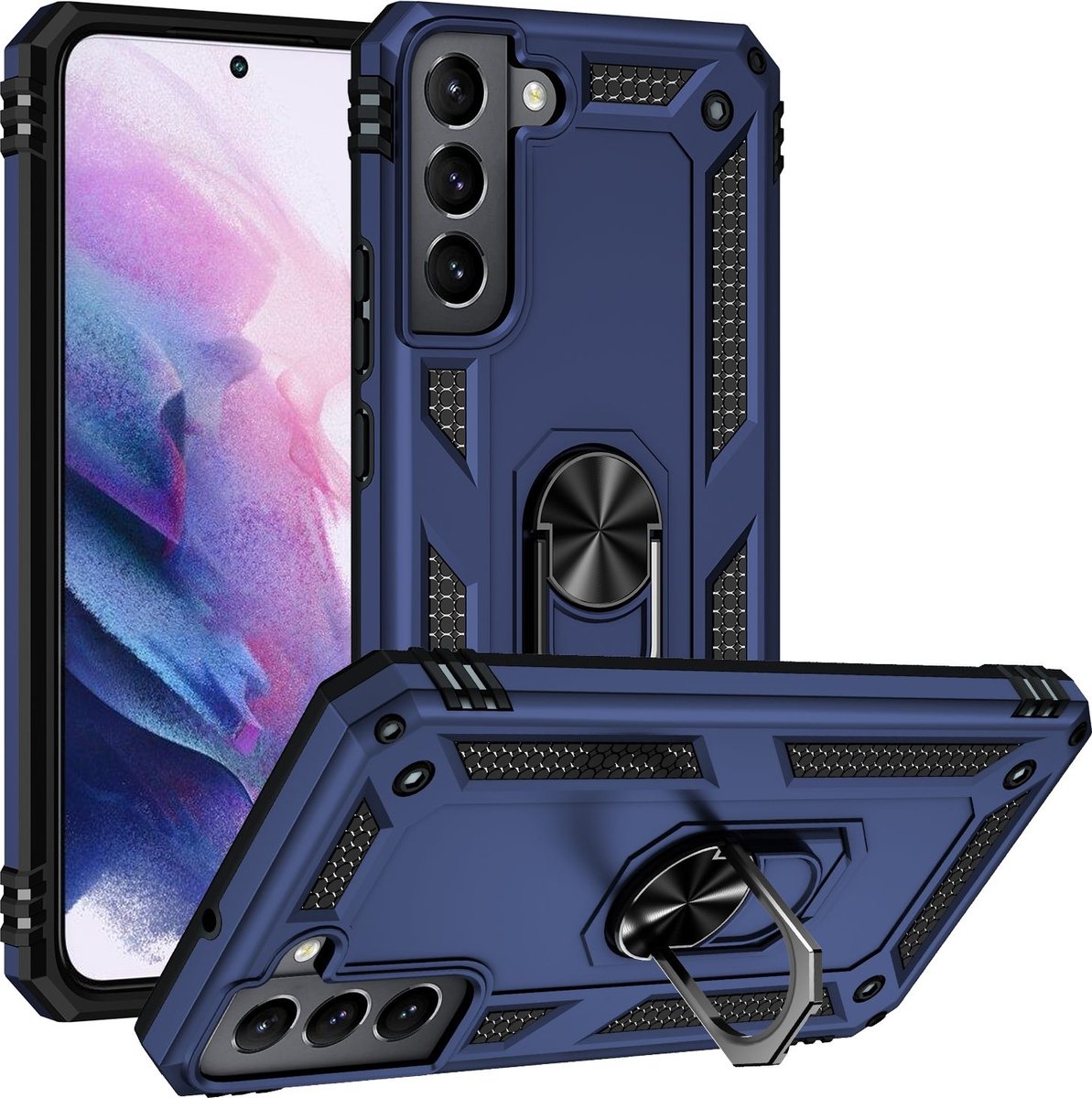 Mobigear Hoesje geschikt voor Samsung Galaxy S22 Telefoonhoesje Hardcase | Mobigear Armor Ring Backcover Shockproof met Ringhouder | Schokbestendig Galaxy S22 Telefoonhoesje | Anti Shock Proof - Blauw