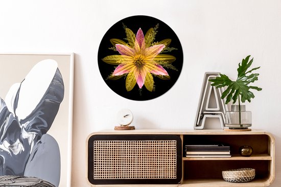 WallCircle - Stickers muraux - Cercle de papier peint - Une fleur jaune sur fond noir - 50x50 cm - Cercle mural - Autocollant - Sticker papier peint rond