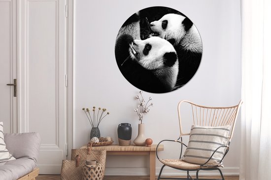 WallCircle - Stickers muraux - Cercle de papier peint - Pandas - Zwart - Wit - 120x120 cm - Cercle mural - Autocollant - Papier peint autocollant rond XXL