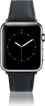 Geschikt voor Apple Watch Bandje - Saffiano Zwart - Full-Grain Leer - 38/40/41mm - incl. Blue Connectors Met Gesp - Oblac®