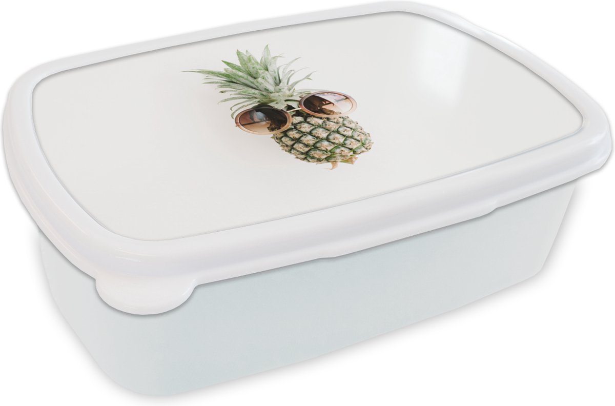 Broodtrommel Wit - Lunchbox - Brooddoos - Ananas - Zonnebril - Tropisch - 18x12x6 cm - Volwassenen