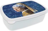 Broodtrommel Wit - Lunchbox - Brooddoos - Meisje met de parel - Delfts blauw - Vermeer - Bloemen - Schilderij - Oude meesters - 18x12x6 cm - Volwassenen