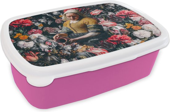 Broodtrommel Roze - Lunchbox - Brooddoos - Melkmeisje - Johannes Vermeer - Bloemen - 18x12x6 cm - Kinderen - Meisje