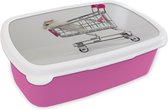 Broodtrommel Roze - Lunchbox - Brooddoos - Hamster in een winkelwagen - 18x12x6 cm - Kinderen - Meisje