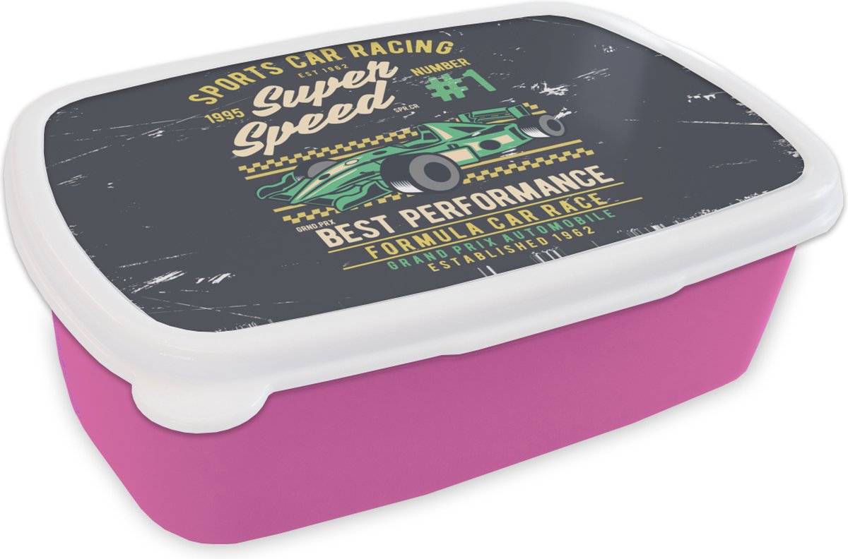 Broodtrommel Roze - Lunchbox - Brooddoos - Auto - Racebaan - Vintage - 18x12x6 cm - Kinderen - Meisje