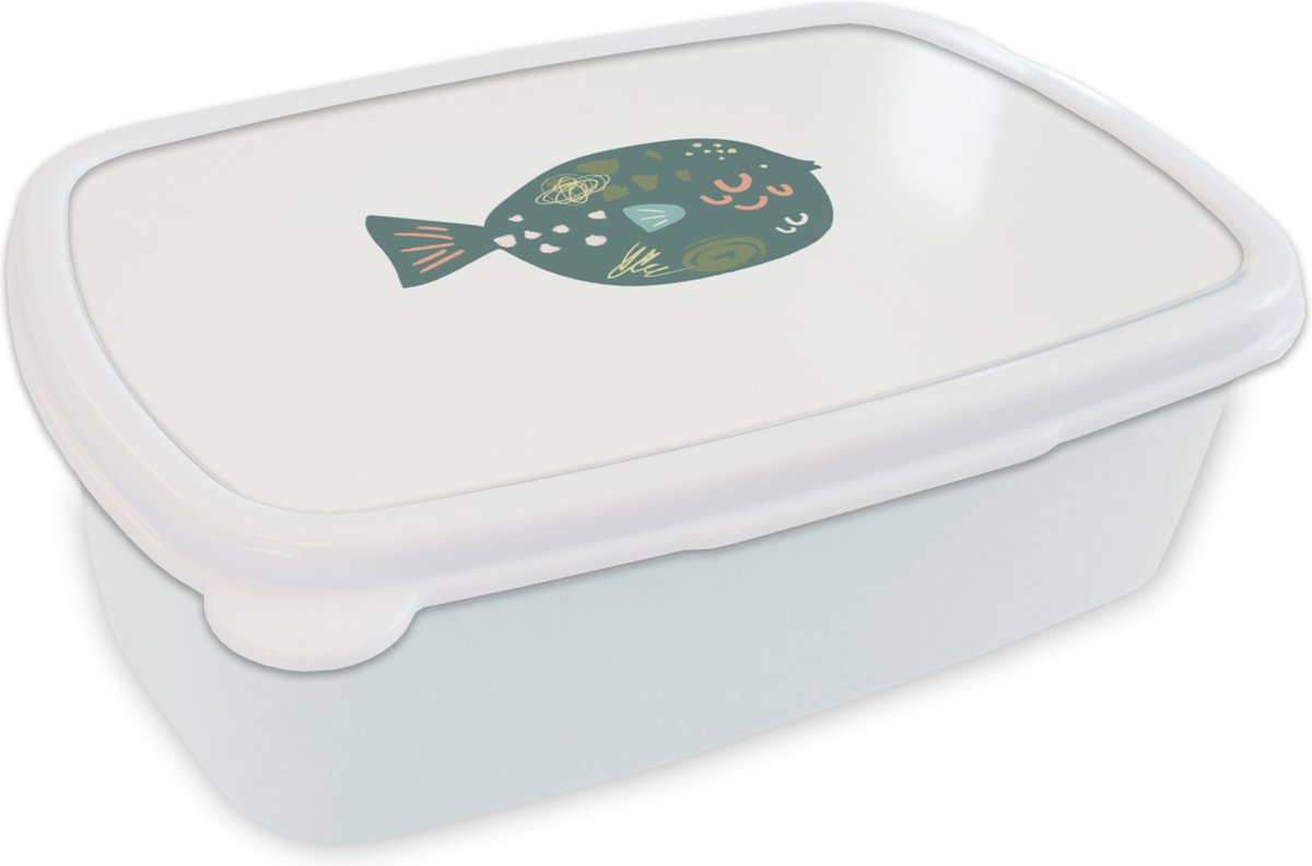 Broodtrommel Wit - Lunchbox - Brooddoos - Vis - Groen - Pastel - 18x12x6 cm - Volwassenen