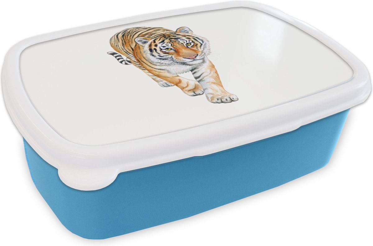 Broodtrommel Blauw - Lunchbox - Brooddoos - Tijger - Lichaam - Wit - 18x12x6 cm - Kinderen - Jongen