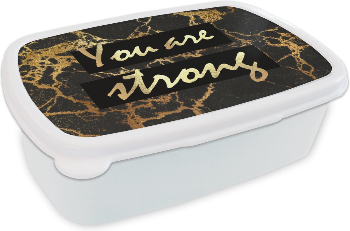 Broodtrommel Wit - Lunchbox - Brooddoos - Quote - Kracht - Marmer - Goud - 18x12x6 cm - Volwassenen