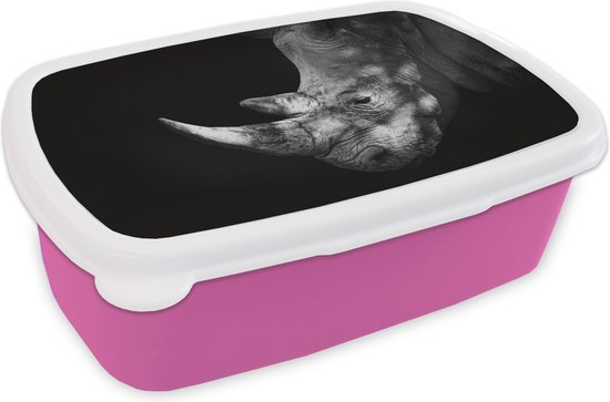 Broodtrommel Roze - Lunchbox - Brooddoos - Neushoorn - Dier - Licht - 18x12x6 cm - Kinderen - Meisje