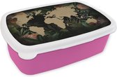 Broodtrommel Roze - Lunchbox - Brooddoos - Wereldkaart - Planten - Bloemen - 18x12x6 cm - Kinderen - Meisje