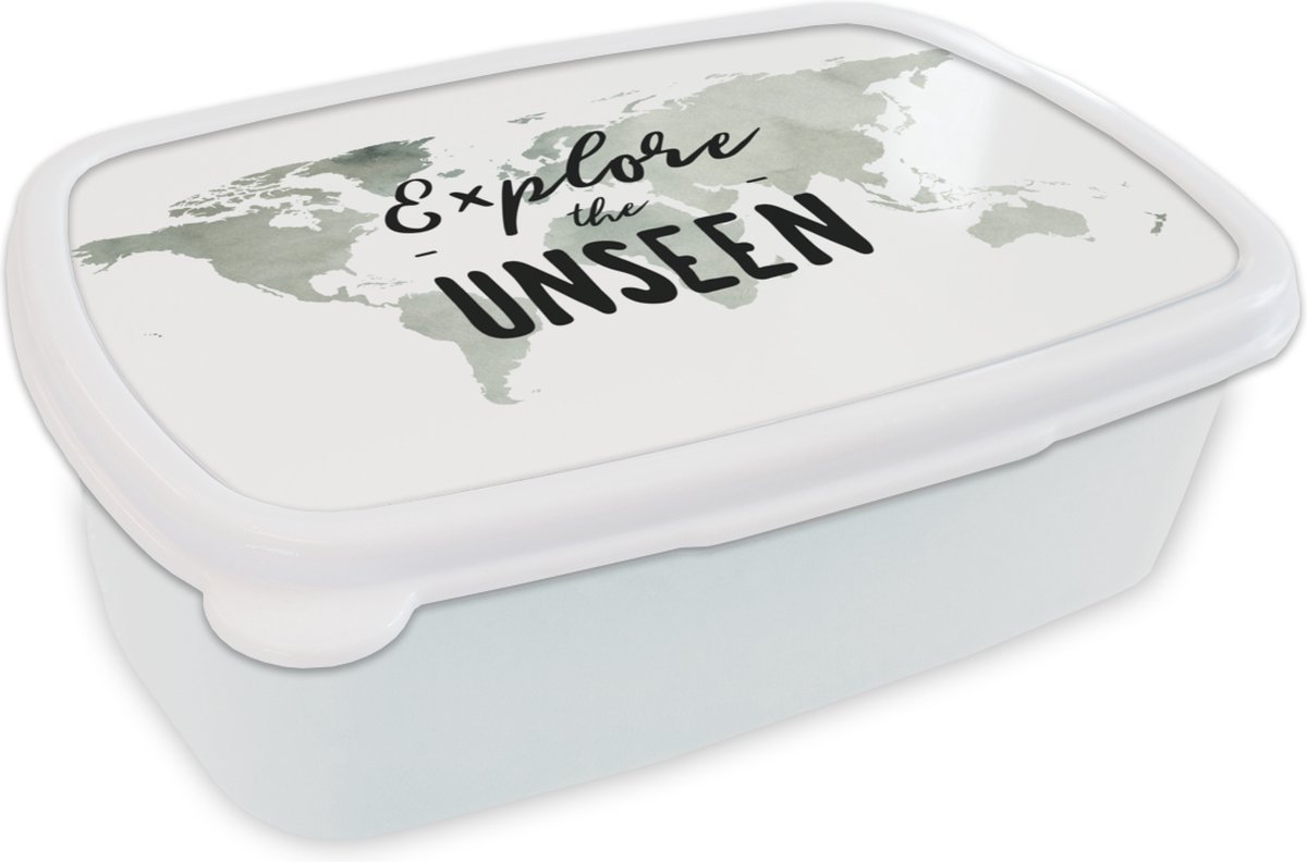 Broodtrommel Wit - Lunchbox - Brooddoos - Wereldkaart - Wit - Quote - 18x12x6 cm - Volwassenen