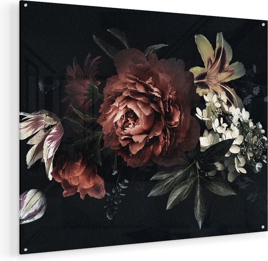 Artaza Glasschilderij - Bloemen Op Een Zwart Achtergrond - 100x80 - Groot - Plexiglas Schilderij - Foto op Glas