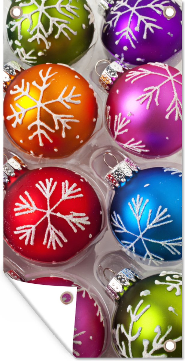 Kerst ornamenten doos op tuindoek buitenposter, 80x160 cm, GreatGardenPosters.