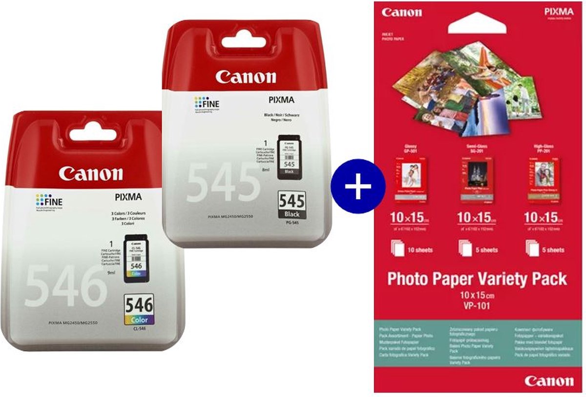 Canon PG-545 & CL-546 - Inktcartridge - 1x Zwart / 1x Kleur - Incl. Canon Fotopapier