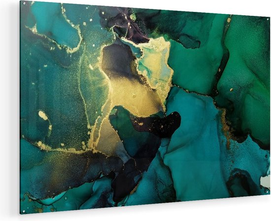 Artaza Glasschilderij - Abstracte Kunst - Groen met Goud - 135x90 - Groot - Plexiglas Schilderij - Foto op Glas