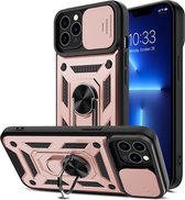 iPhone 13 Hoesje met Camera Bescherming Rose Goud - Hoesje iPhone 13 met ring houder Rugged Armor Back Cover - Case - Camera Schuif