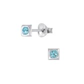 Joy|S - Zilveren vierkant oorbellen - 4 mm - blauw kristal - kinderoorbellen