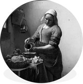 WallCircle - Wandcirkel - Muurcirkel - Het melkmeisje - Schilderij van Johannes Vermeer - zwart wit - Aluminium - Dibond - ⌀ 90 cm - Binnen en Buiten