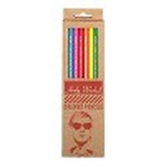 Verpakking met zes Andy Warhol gekleurde potloden: blauw, roze, paars, oranje, geel en groen.