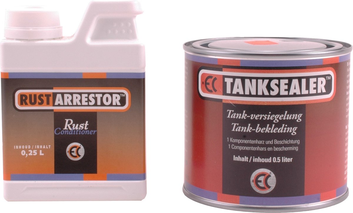 Tanksealer & Rust-arrestorSet om een roestige tank te reinigen. en voorzien van coating bestaat uit 250ml Rustarrestor + 500ml Tanksealer.