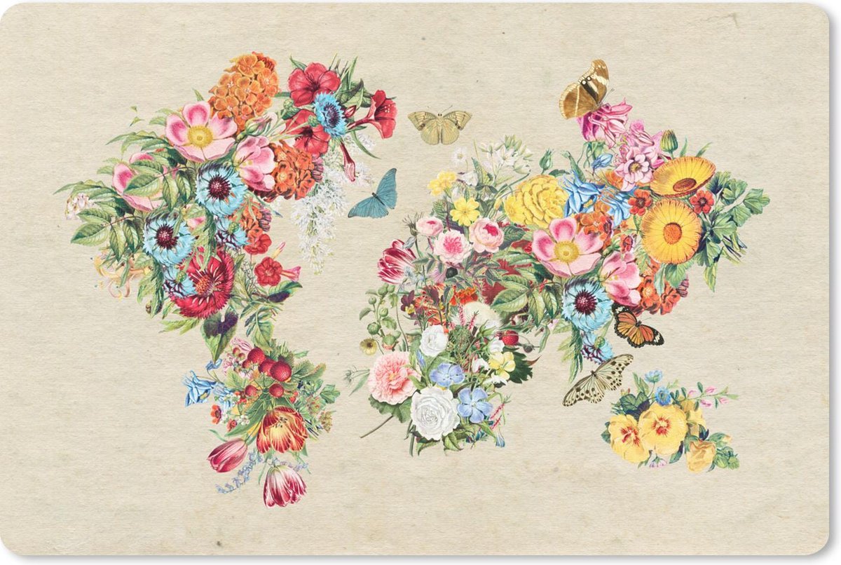 Muismat - Mousepad - Wereldkaart - Bloemen - Craft papier - 27x18 cm