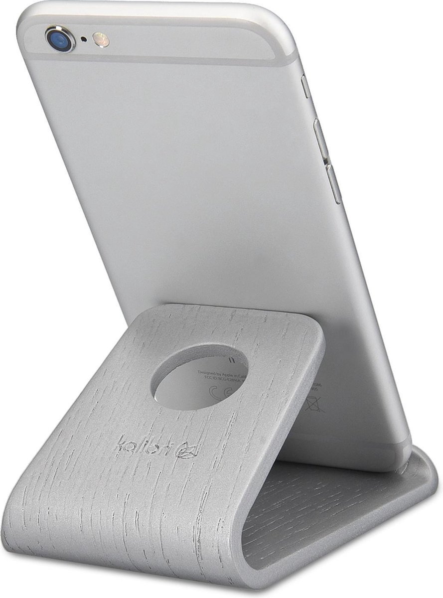 kalibri standaard voor mobiele telefoons - Universele standaard - Voor smartphones en tablets - Antislip - Eikenhout - Zilver
