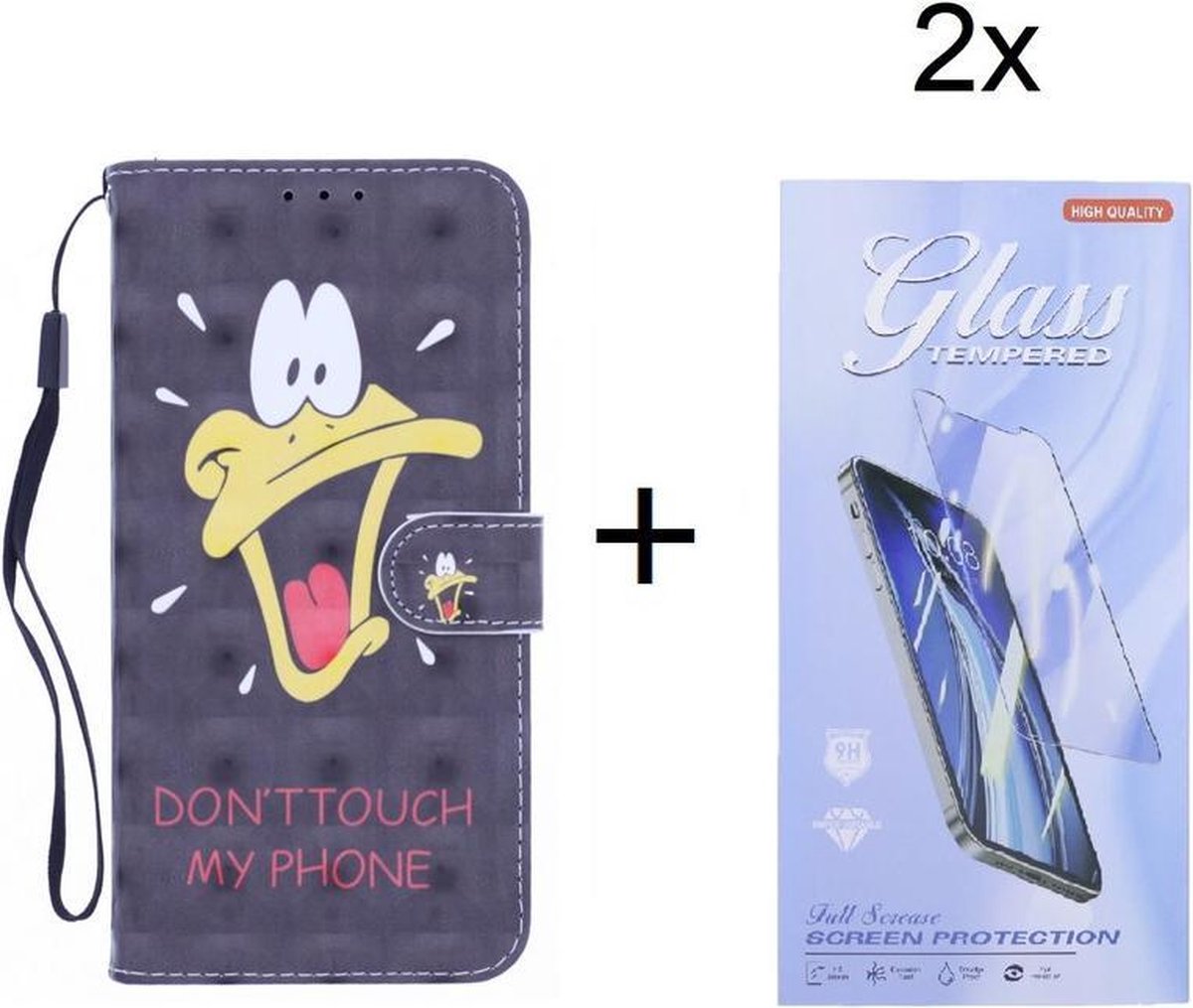 Bookcase Geschikt voor: Samsung Galaxy A22 4G hoesje met print - Don't Touch My Phone Duck 3D met 2 stuks Glas Screen protector