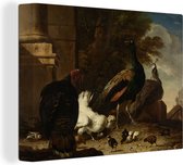 Une poule avec des paons et une dinde - Peinture de Melchior d'Hondecoeter sur toile 80x60 cm - Tirage photo sur toile (Décoration murale salon / chambre)