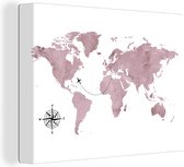 Wanddecoratie Wereldkaart - Roze - Vliegtuig - Canvas - 120x90 cm