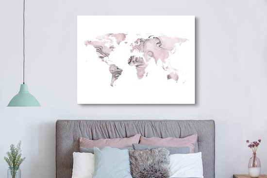 Décoration murale Carte du Wereldkaart - Peinture - Rose - Toile - 160x120 cm