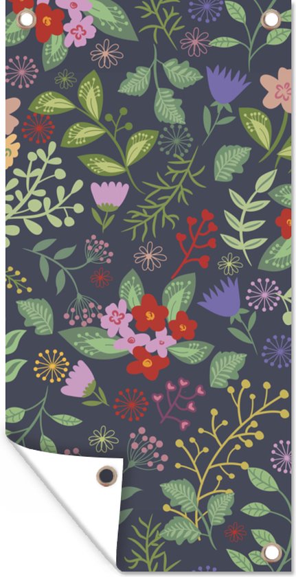 Tuinposter 80x160 cm - Tuindecoratie Een bloemdessin illustratie met veel kleur - Poster voor in de tuin - Buiten decoratie - Schutting tuinschilderij - Tuindoek muurdecoratie - Wanddecoratie balkondoek