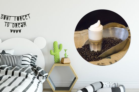 WallCircle - Wandcirkel ⌀ 120 - Latte macchiato met koffiebonen - Ronde schilderijen woonkamer - Wandbord rond - Muurdecoratie cirkel - Kamer decoratie binnen - Wanddecoratie muurcirkel - Woonaccessoires XXL