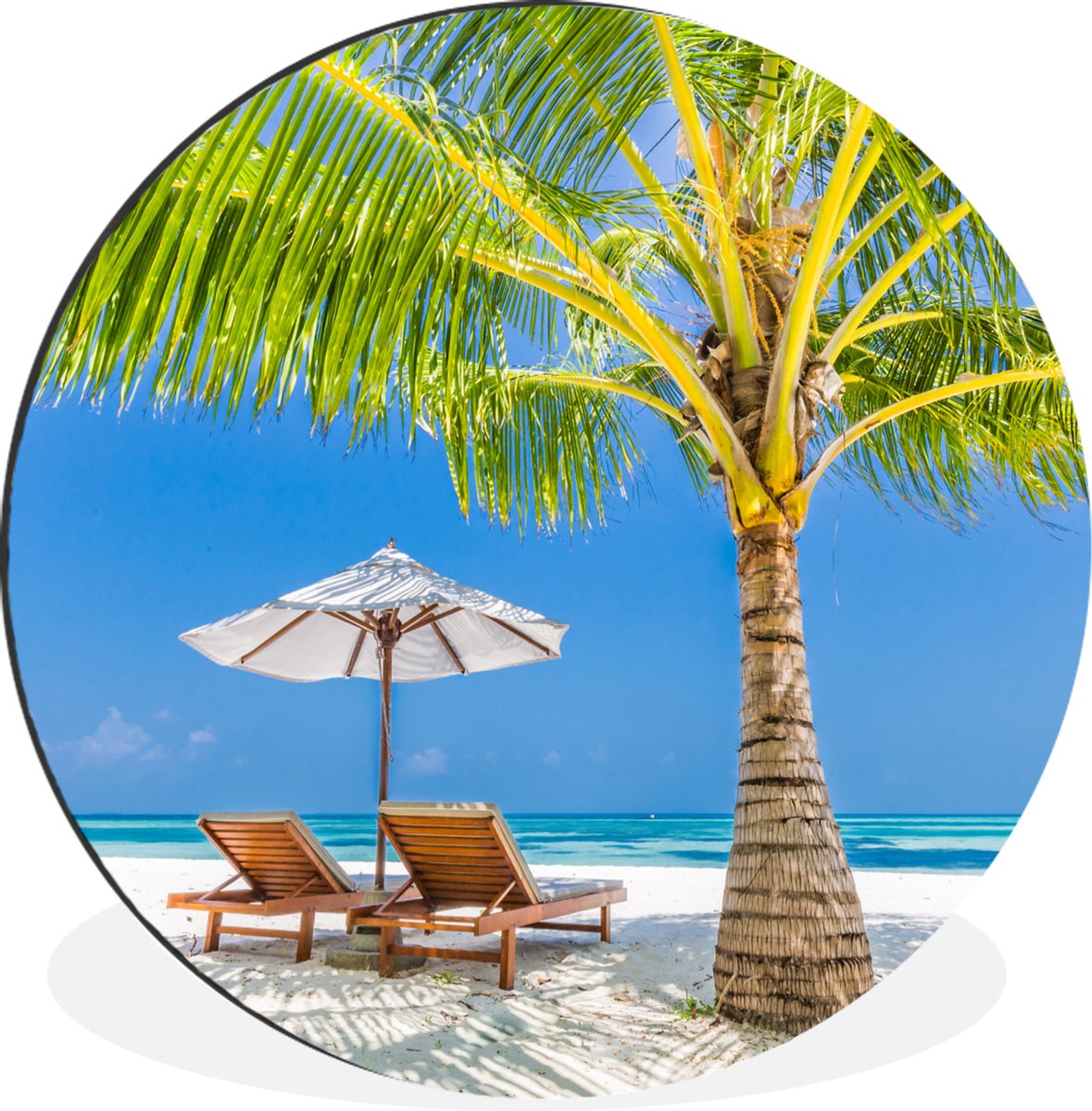 WallCircle - Wandcirkel - Muurcirkel - Palmboom - Strandstoel - Parasol - Aluminium - Dibond - ⌀ 60 cm - Binnen en Buiten