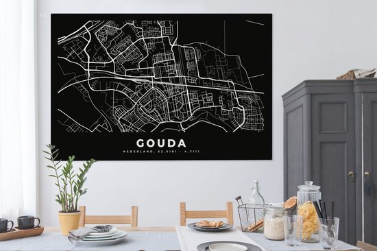 Toile Peinture Carte - Gouda - Zwart - 180x120 cm - Décoration murale XXL