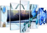 Trend24 - Canvas Schilderij - Orchidee Arrangement - Vijfluik - Bloemen - 100x70x2 cm - Blauw