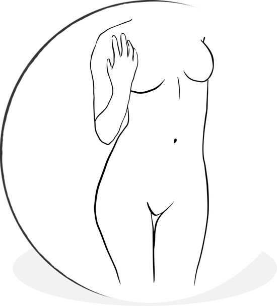 WallCircle - Wandcirkel - Muurcirkel - Line art vrouw met hand aan de borst vierkant - Aluminium - Dibond - ⌀ 60 cm - Binnen en Buiten