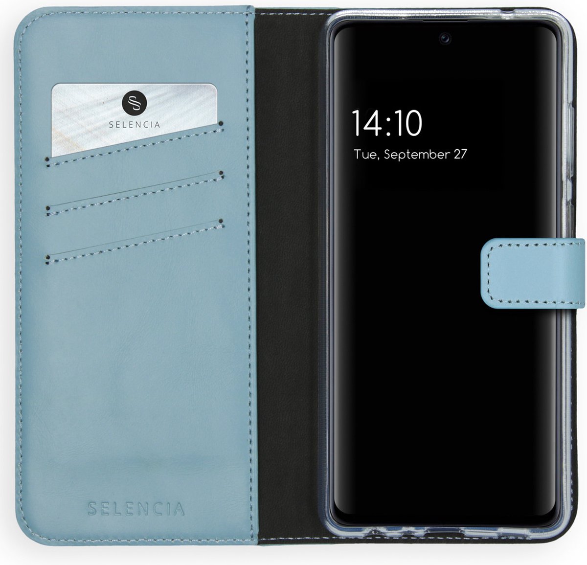 Selencia Hoesje Geschikt voor Samsung Galaxy A72 Hoesje Met Pasjeshouder - Selencia Echt Lederen Bookcase - Lichtblauw