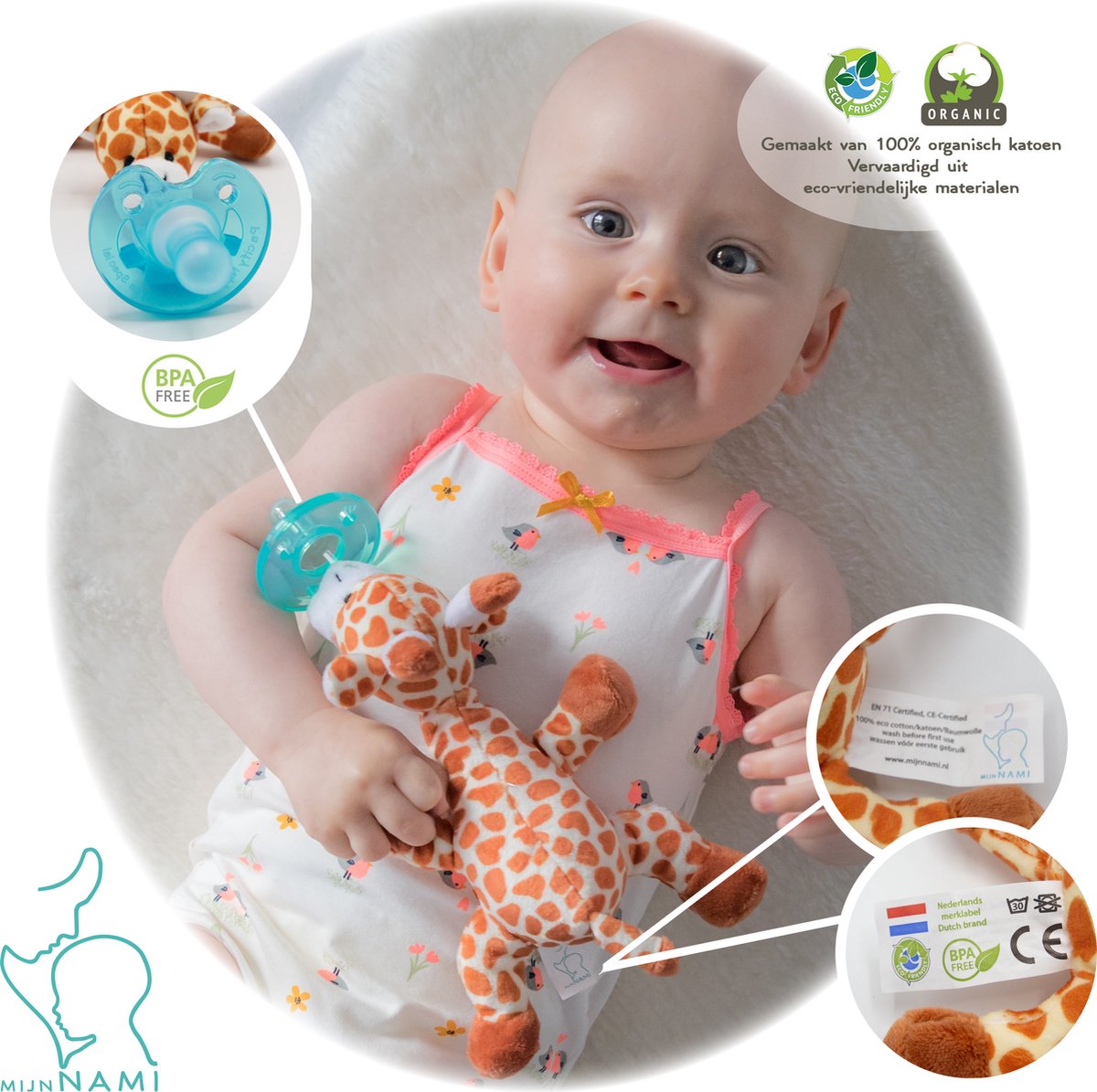 Goedkoopste MijnNami Speenknuffel Giraffe - Met Afneembare Soother Speen - Knuffelspeen - BPA Vrij - 100 Organisch Katoen