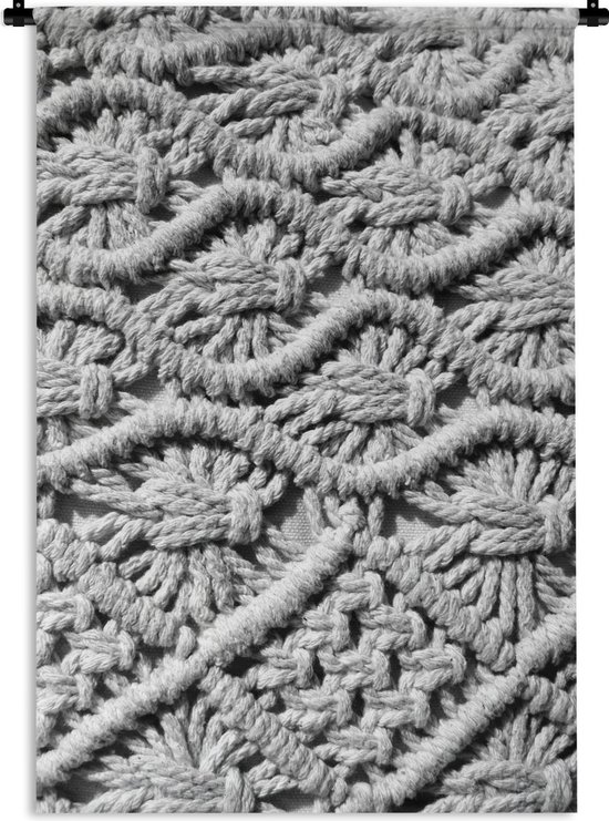 Wandkleed - Wanddoek - Macramé kussensloop van dichtbij weergegeven - zwart wit - 90x135 cm - Wandtapijt