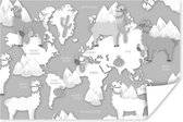 Wanddecoratie - Alpaca's en bergen op een lichte wereldkaart - zwart wit - 90x60 cm - Poster