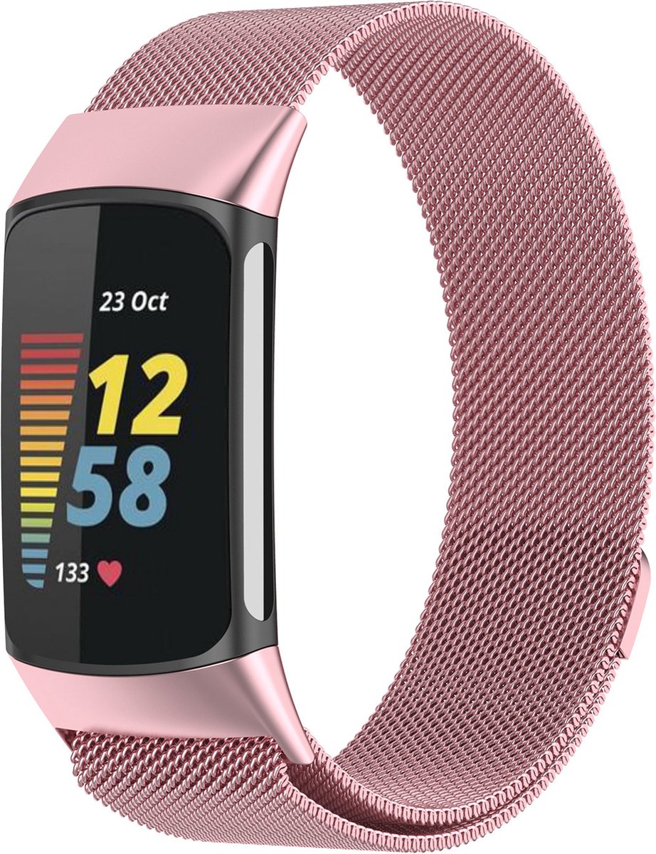 Milanees Smartwatch bandje - Geschikt voor Fitbit Charge 5 Milanese band - rosé pink - Strap-it Horlogeband / Polsband / Armband