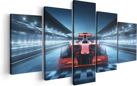 Artaza Canvas Schilderij Vijfluik Formule 1 Auto bij de Finish - Rood - 100x50 cm - Wanddecoratie Woonkamer - Schilderijen - Muurdecoratie