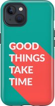 Apple iPhone 13 Telefoonhoesje - Extra Stevig Hoesje - 2 lagen bescherming - Met Quote - Good Things - Donkergroen